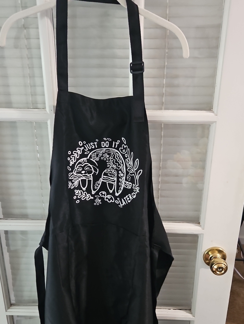 NWT Black Apron with White Sloth Graphic - "Just Do It Later"